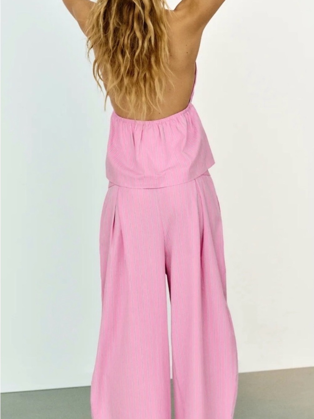 Set Striped poplin Pink Wide-Leg High-Rise Pants - Women's Lounge Trousers - Picture 2 of 13